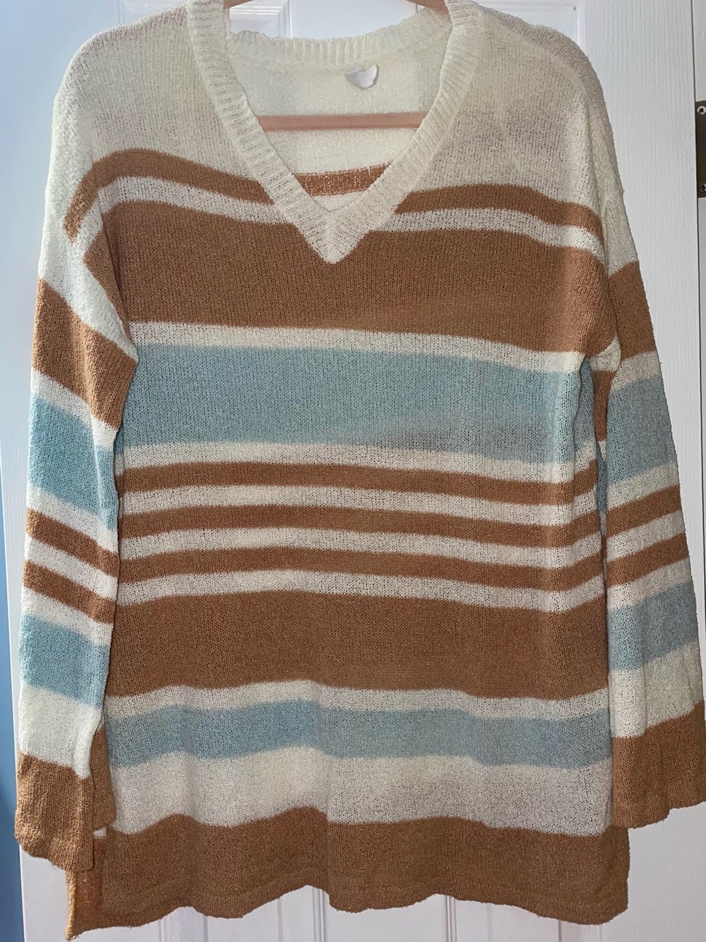 Cozy Striped V-Neck Sweater in Cream, Brown & Light Blue